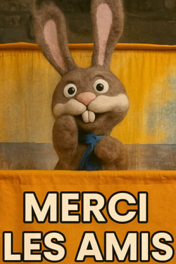Pardi le lapin souriant avec les bras ouverts et le message « Merci les amis »